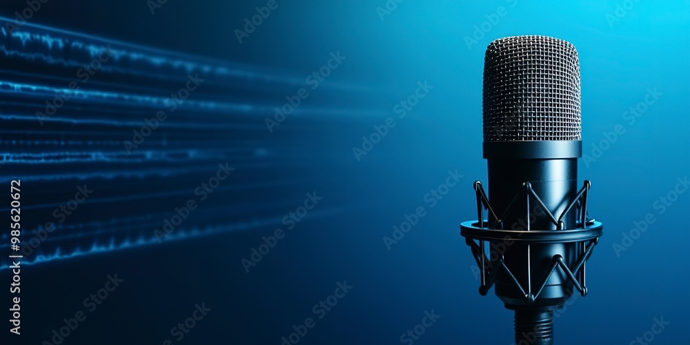Poster a professional microphone with a waveform pattern displayed on a blue background banner, suitable fo