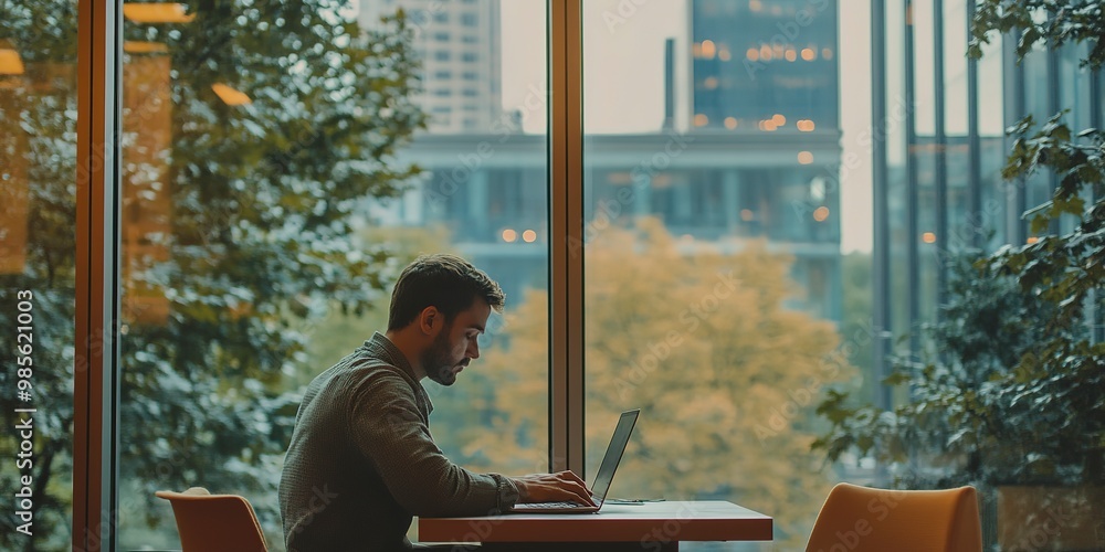 Poster a man working on a laptop computer by the window in an office building with a great view