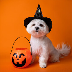 A photo of Maltese dog in a Halloween costume  sitting by a pumpkin candy can and simple orange background.