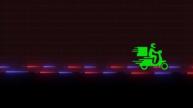 courier in motorcycle delivery service animation on black background. Alpha Video