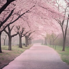 Cherry blossoms gently swaying in the spring breeze, their delicate pink petals creating a beautiful canopy over a peaceful park.