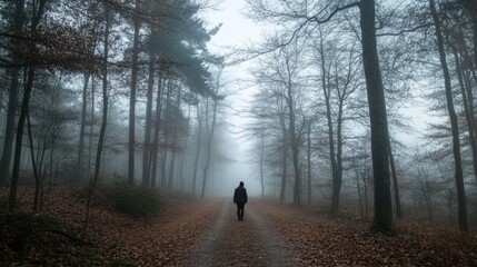 Silhouette of a Person Walking on a Path Through a Misty Forest.