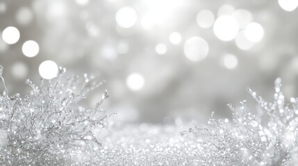 Blurred christmas bokeh in white and silver colors, glittering lights, magic atmosphere. New year greeting card, postcard with copyspace.