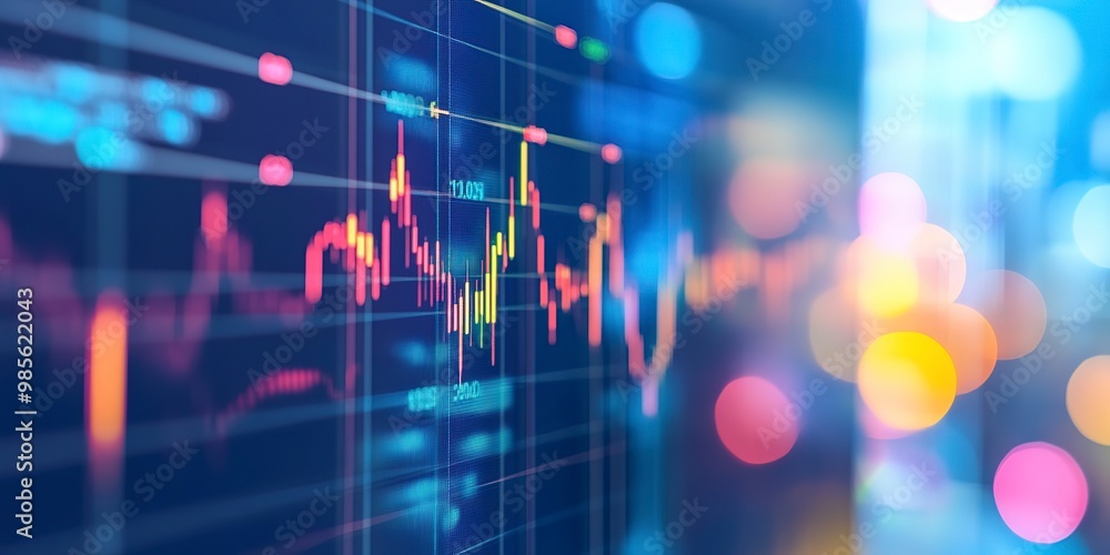 Poster a computer monitor displays a graph of stock prices