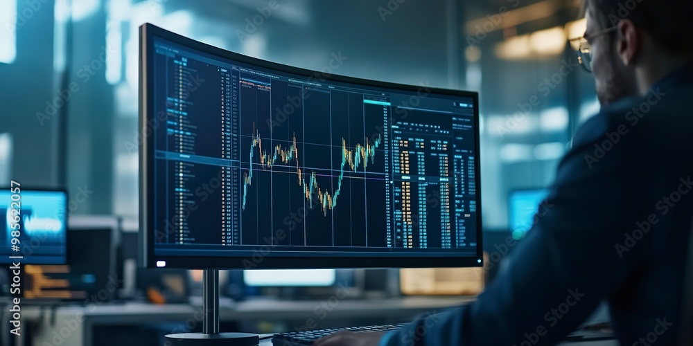 Poster a computer monitor displays a graph of stock prices