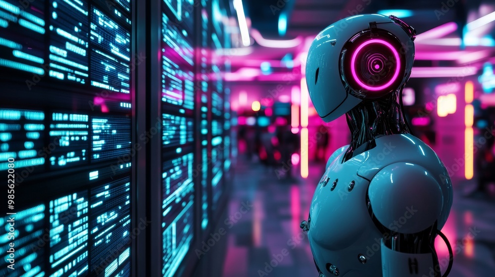 Poster artificial intelligence robot in futuristic server room.