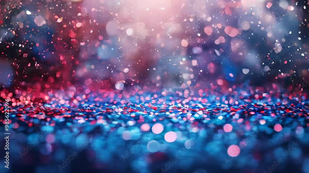 Poster a mesmerizing display of colorful glitter confetti falling, illuminated by vibrant lighting, creatin