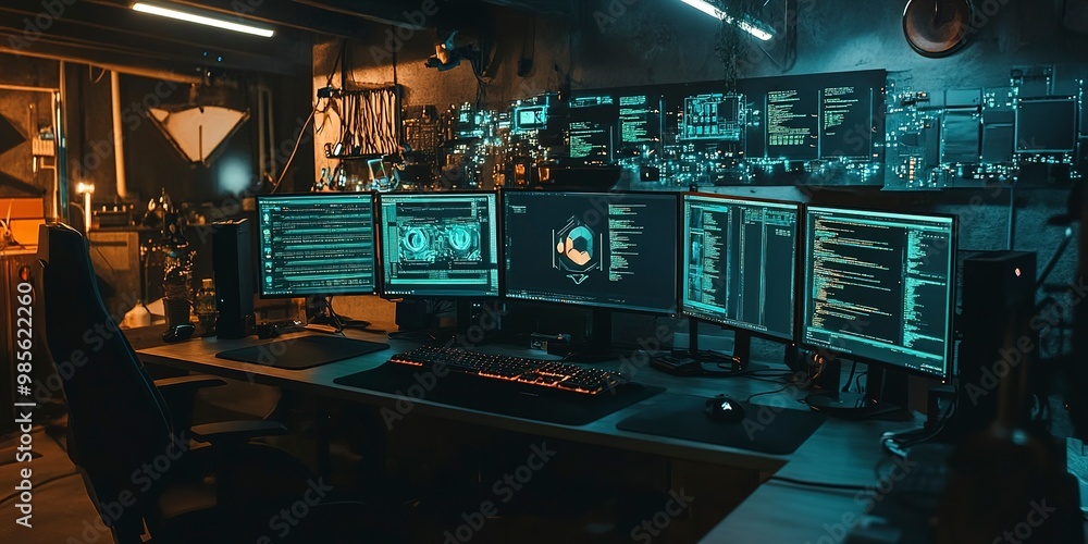 Poster a computer desk with several monitors and keyboards