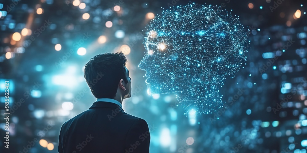 Poster a businessman collaborates with ai algorithms, fostering innovation in a high-tech environment to st