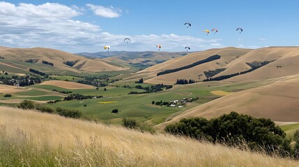 Beautiful rolling hills under a bright sky, with colorful parachutes soaring above a lush green valley in a serene landscape.