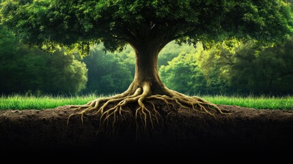 A tree with its roots showing in the ground