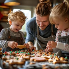 Fototapeta premium Father and children bonding while decorating festive cookies together in a cozy, homey kitchen setting.