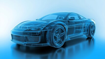 Naklejka premium Wireframe 3D Rendering of a Blue Sports Car.
