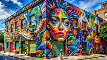 Fototapeta premium Expressive mural showcasing a woman's face against a colorful building. Colorful, urban art featuring a woman's face with abstract details.