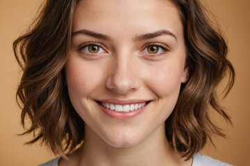 Full framed very close face portrait of a smiling young caucasian woman with hazel eyes looking at the camera, studio shot,hazel background.