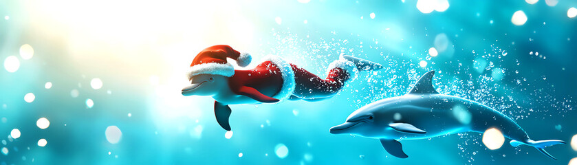 A playful dolphin swims alongside a Santa Claus figure underwater, creating a whimsical holiday scene.