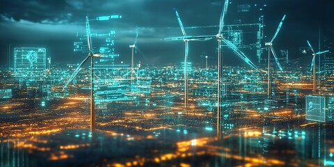 Obraz premium Advanced AI monitoring renewable wind turbines energy grids. Sustainability innovation concept