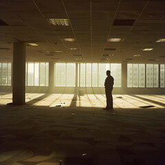 Solitary Businessman in Empty Office: Reflective and Sad Amidst Faint Shadows of a Bygone Era