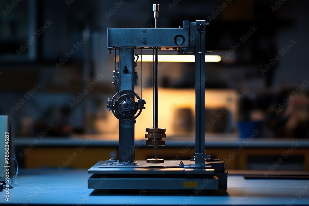 Poster a close-up of a metallic testing machine with a stack of weights