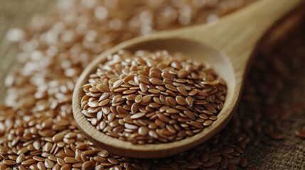 Obraz premium Close-up of Flax Seeds in a Wooden Spoon