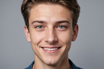 Fototapeta premium Full framed very close face portrait of a smiling young caucasian non binary with gray eyes looking at the camera, studio shot,gray background.