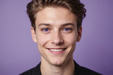 Fototapeta premium Full framed very close face portrait of a smiling young caucasian non binary with violet eyes looking at the camera, studio shot,violet background.