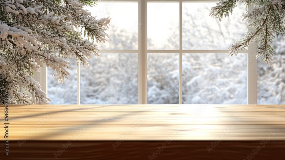 Poster empty table and winter window in background transparent background