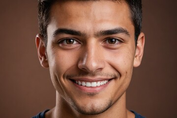 Obraz premium Full framed very close face portrait of a smiling young hispanic man with brown eyes looking at the camera, studio shot,brown background.