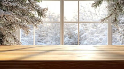 Empty table and winter window in background transparent background