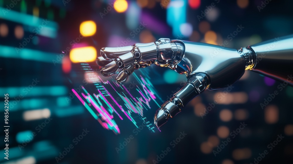 Aufkleber robotic hand interacting with data on a screen.
