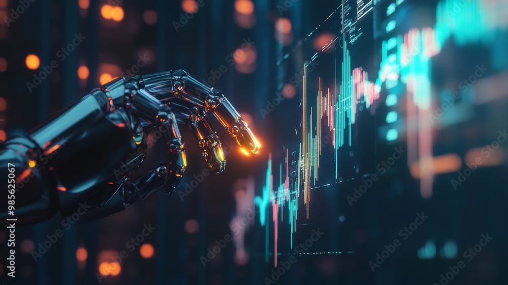 Poster robotic hand analyzing data on a screen.
