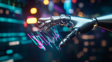 Robotic Hand Interacting with Data on a Screen.