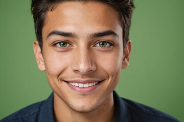 Obraz premium Full framed very close face portrait of a smiling young hispanic non binary with green eyes looking at the camera, studio shot,green background.