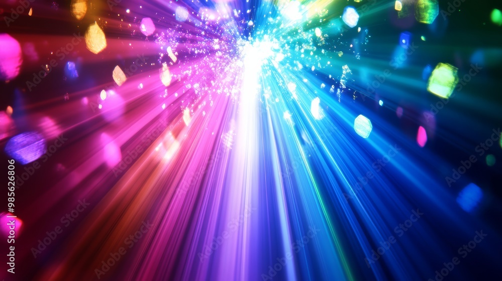 Poster abstract colorful light rays and bokeh background.