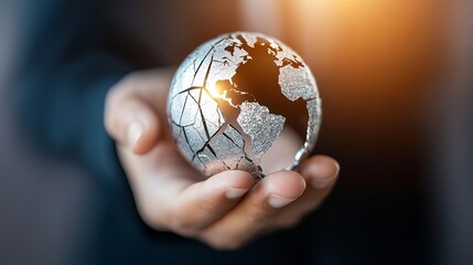 Close-up of a hand holding a cracked globe with industrial fumes, highlighting global pollution strategy needs, Global Pollution, Strategic Planning