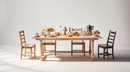 Wooden Table Set with Food and Drinks for Dinner