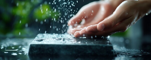 Water Droplets Falling on Hands and Stone