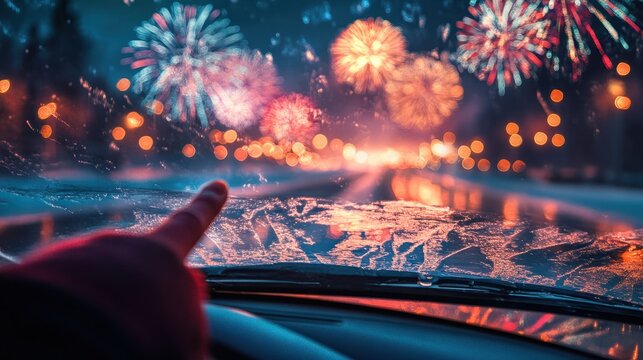 happy new year written with a finger on an icy car window. New years fireworks in the background.