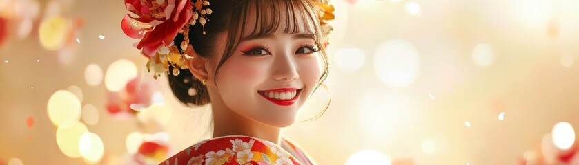 Fototapeta premium Beautiful Japanese Woman in Traditional Kimono with Flower Hair Ornament