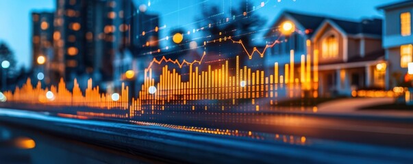 Graphs of inflated home prices projected onto suburban houses, showing market inflation