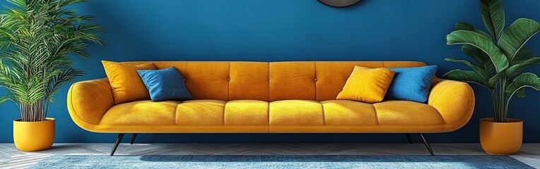 A cozy living room with a vibrant yellow sofa and decorative plants arranged tastefully