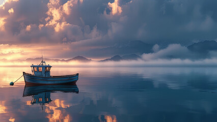 Obraz premium Fisherman at Sea: Morning Serenity on the Ocean