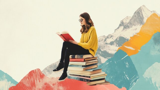 Young woman sitting on stack of books reading in front of mountain landscape.