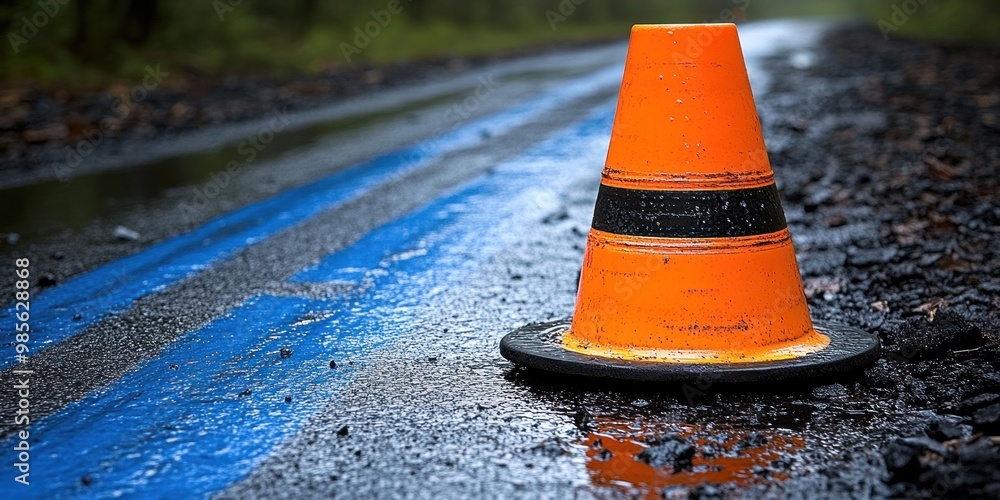 Wall mural an orange traffic cone stands on a wet road, highlighting recent blue markings