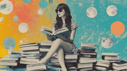 A woman in sunglasses sits on a stack of books with a book in her hands, surrounded by abstract moons and planets on a yellow and turquoise background.