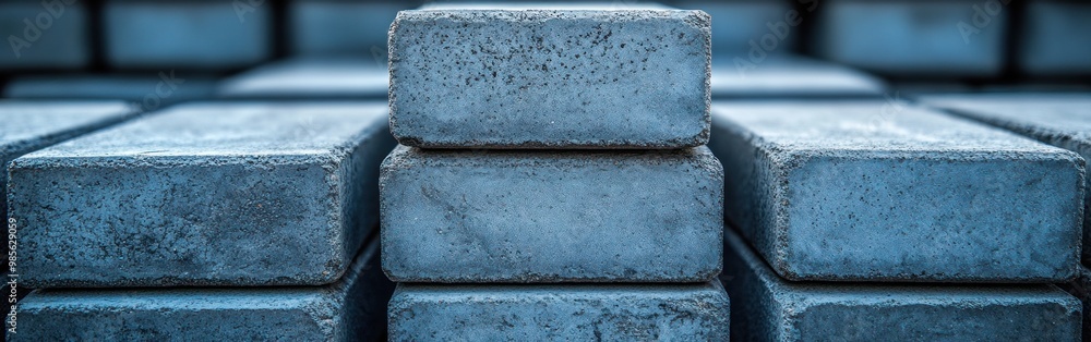 Poster stacked concrete blocks await installation at a busy construction location