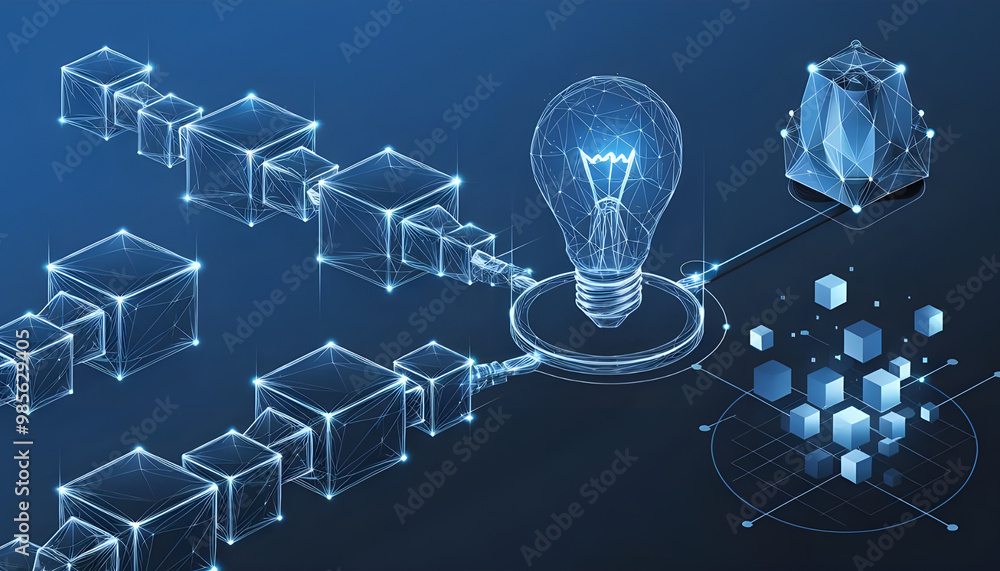 Poster bstract linked blocks and digital light bulb on technology blue background. blockchain idea concept.