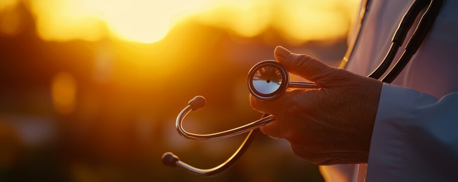 Nurse checking elderly patients heart with a stethoscope, close-up of compassionate healthcare, elderly care and medical support