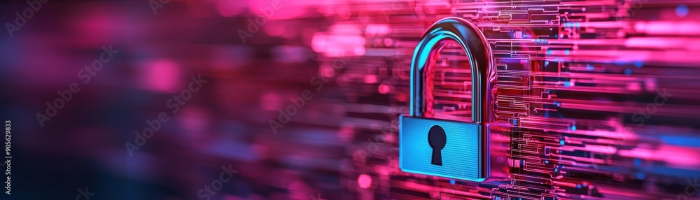 Poster digital padlock against a colorful backdrop, symbolizing data security and cybersecurity technology.