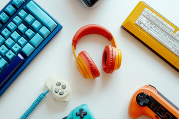 artistic layout of a retro-style telephone, colorful headphones, a compact gaming controller, and a mechanical keyboard, visually harmonized on a bright white surface to create a nostalgic tech vibe